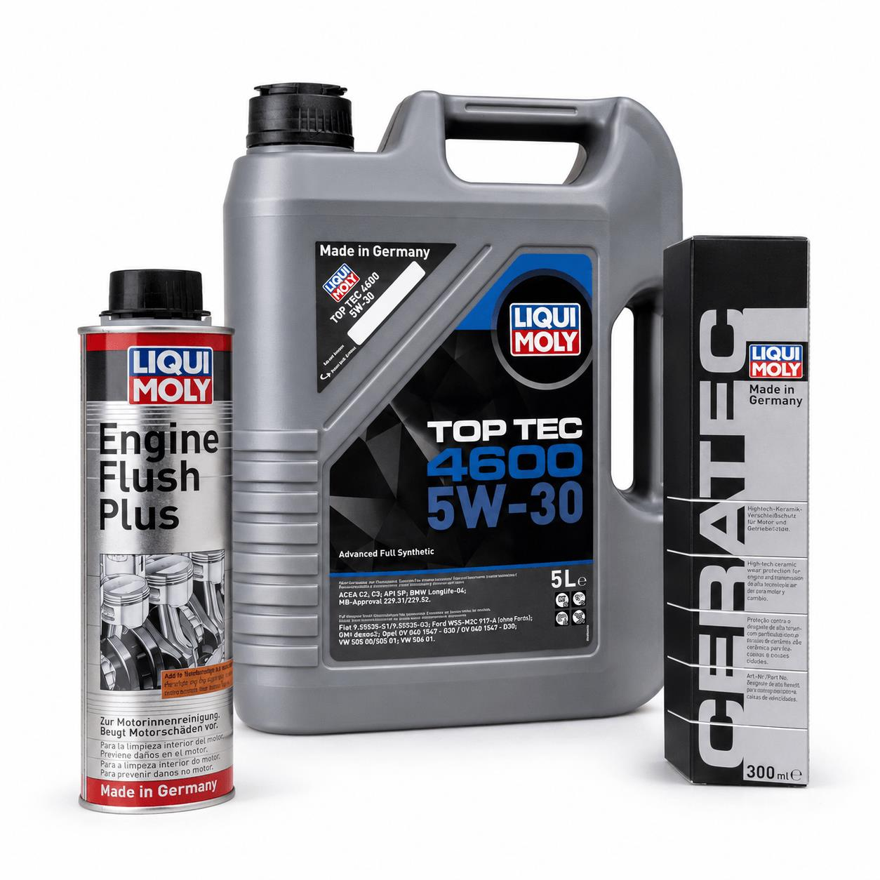 3’lü Motor Bakım Seti - Liqui Moly Top Tec 4600 5W‑30 5 L + Cera Tec 300 ml + Engine Flush Plus 300 ml