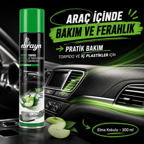 Universal Araç İçi Torpido ve Tüm Araç İçi Plastikler İçin Parlatıcı Sprey - Parfümlü Elma 300 ml